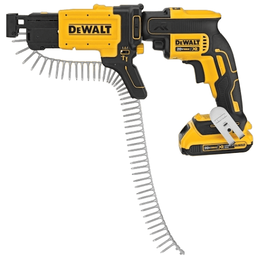 Cordless yellow and black drywall screwgun attachment with collated screw strip for efficient fastening in home improvement tasks
