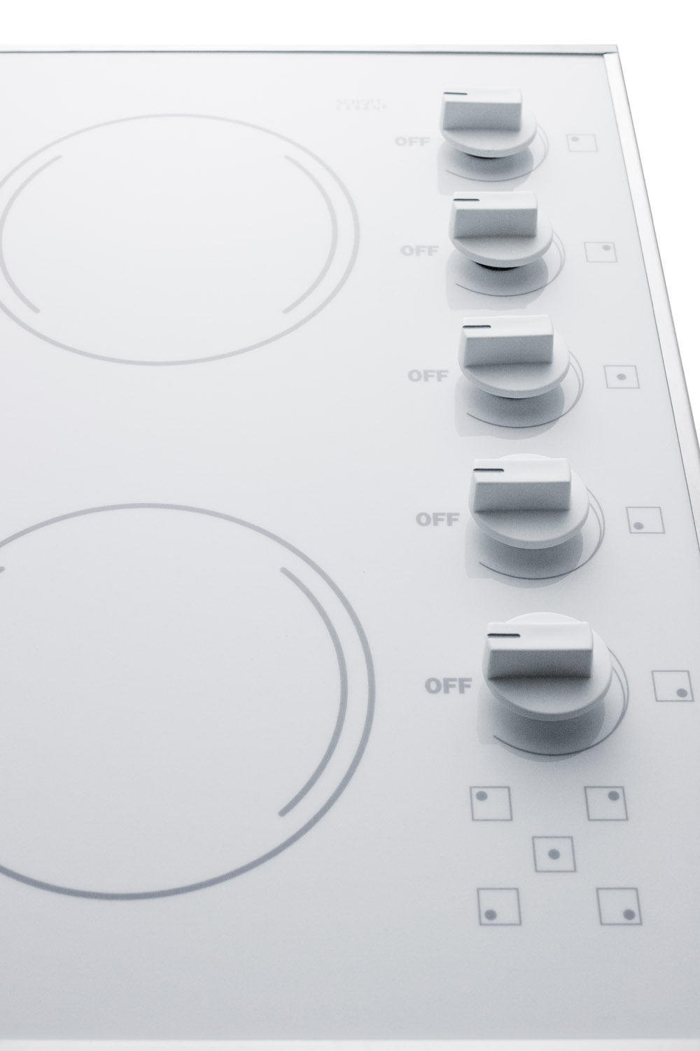 White smooth electric cooktop with five burner elements and control knobs for kitchen and home improvement appliances