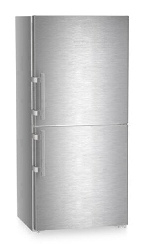 Freestanding stainless steel refrigerator freezer with separate top and bottom doors in kitchen appliances collection