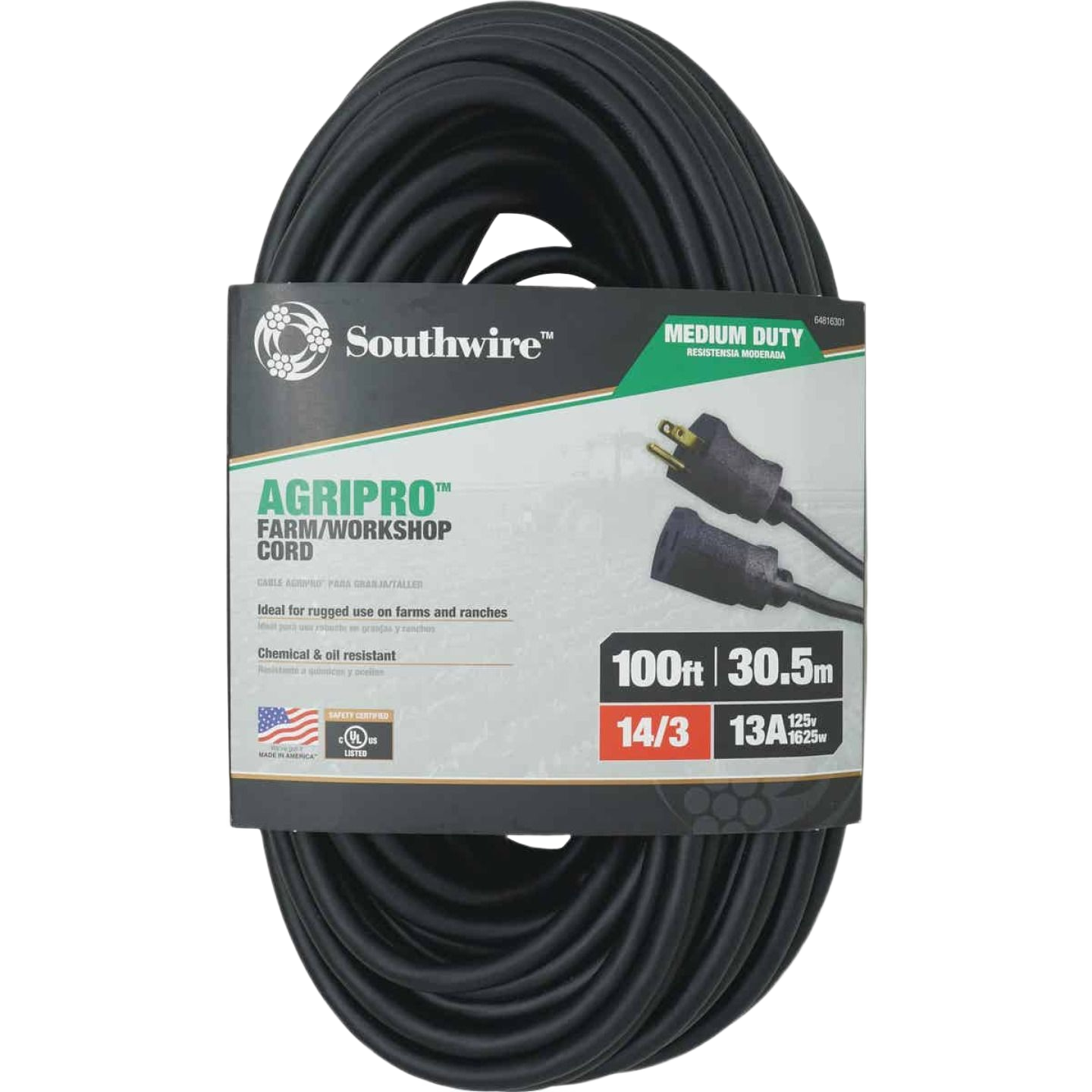 100 ft black medium-duty extension cord with three-prong plug for farm and home electrical use under $100 collection