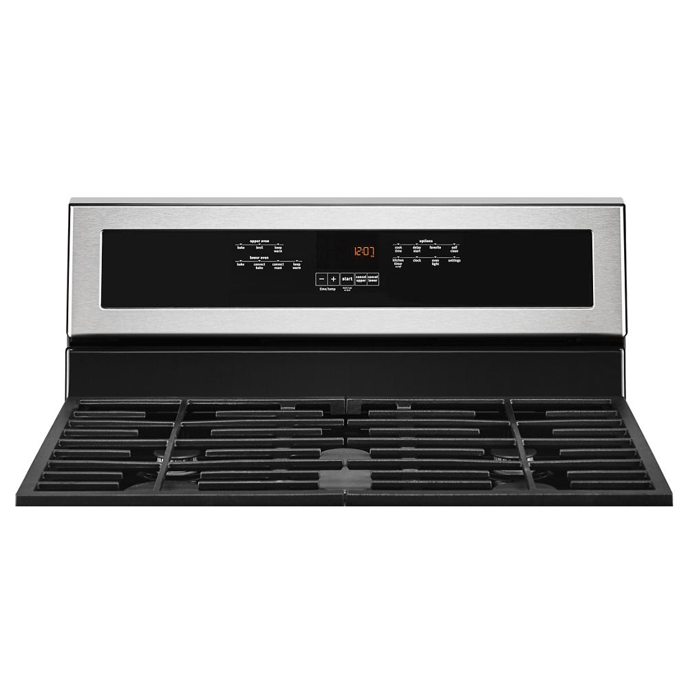 Front view of a stainless steel and black gas range cooktop with six burners and a digital control panel, part of Ranges, Gas Ranges, Kitchen & Kitchenware, Appliances, and Ranges & Cooktops collections.