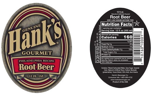 Oval label for Hank’s gourmet root beer with vintage design and nutrition facts on a separate black label