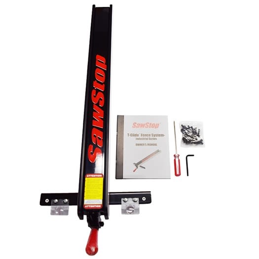 Industrial T-Glide fence assembly with red handle, hardware kit, and instruction manual for woodworking power tools and home improvement