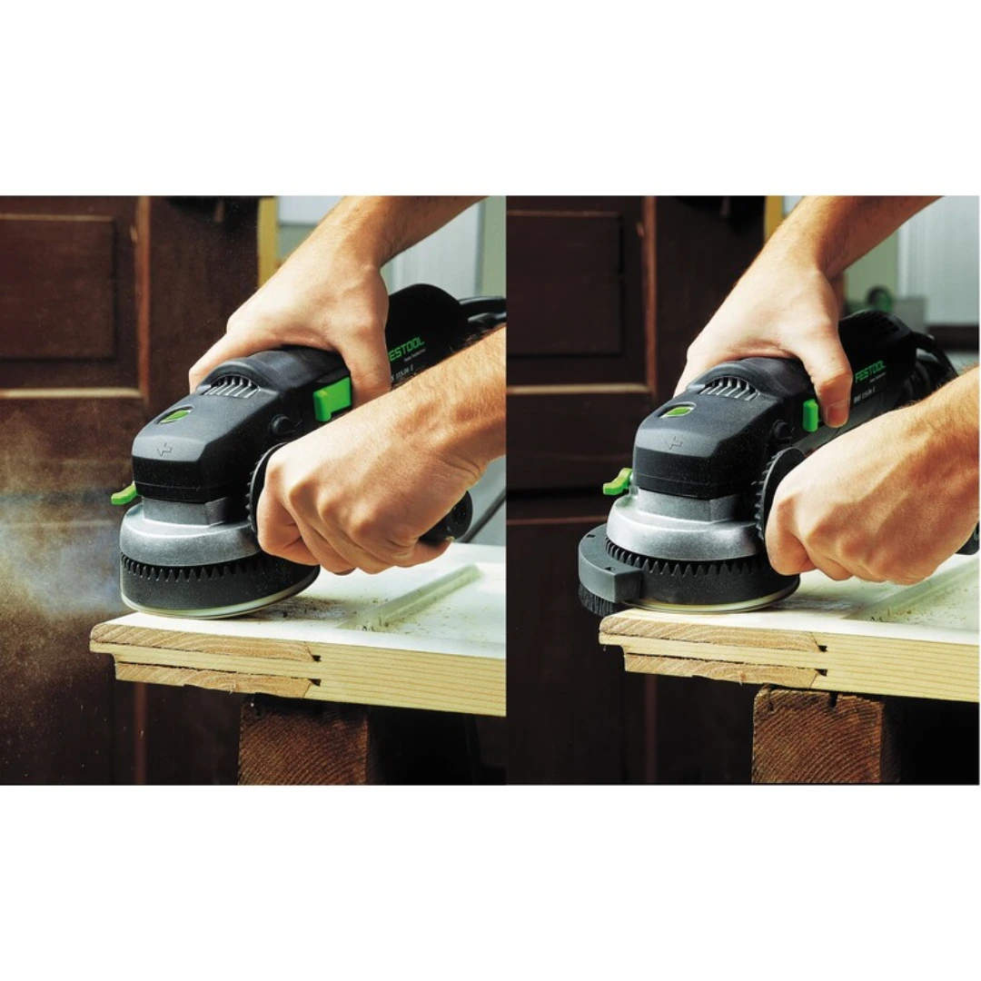 Worker using a Festool power sander with a soft sanding pad smoothing the edge of a wooden board in home improvement tasks