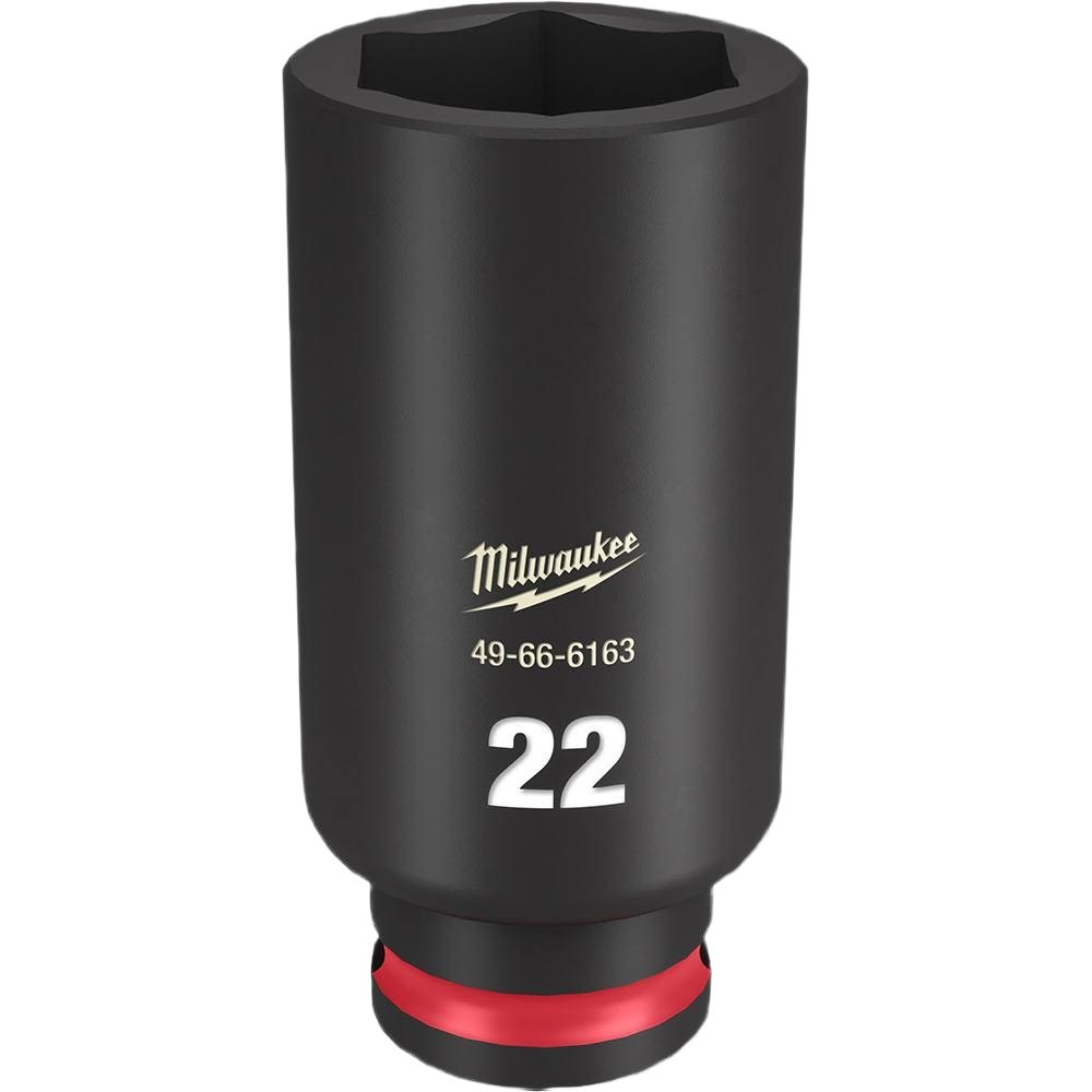 Matte black impact socket with 22mm size marking and red ring, designed for Milwaukee hand tools and home improvement collections