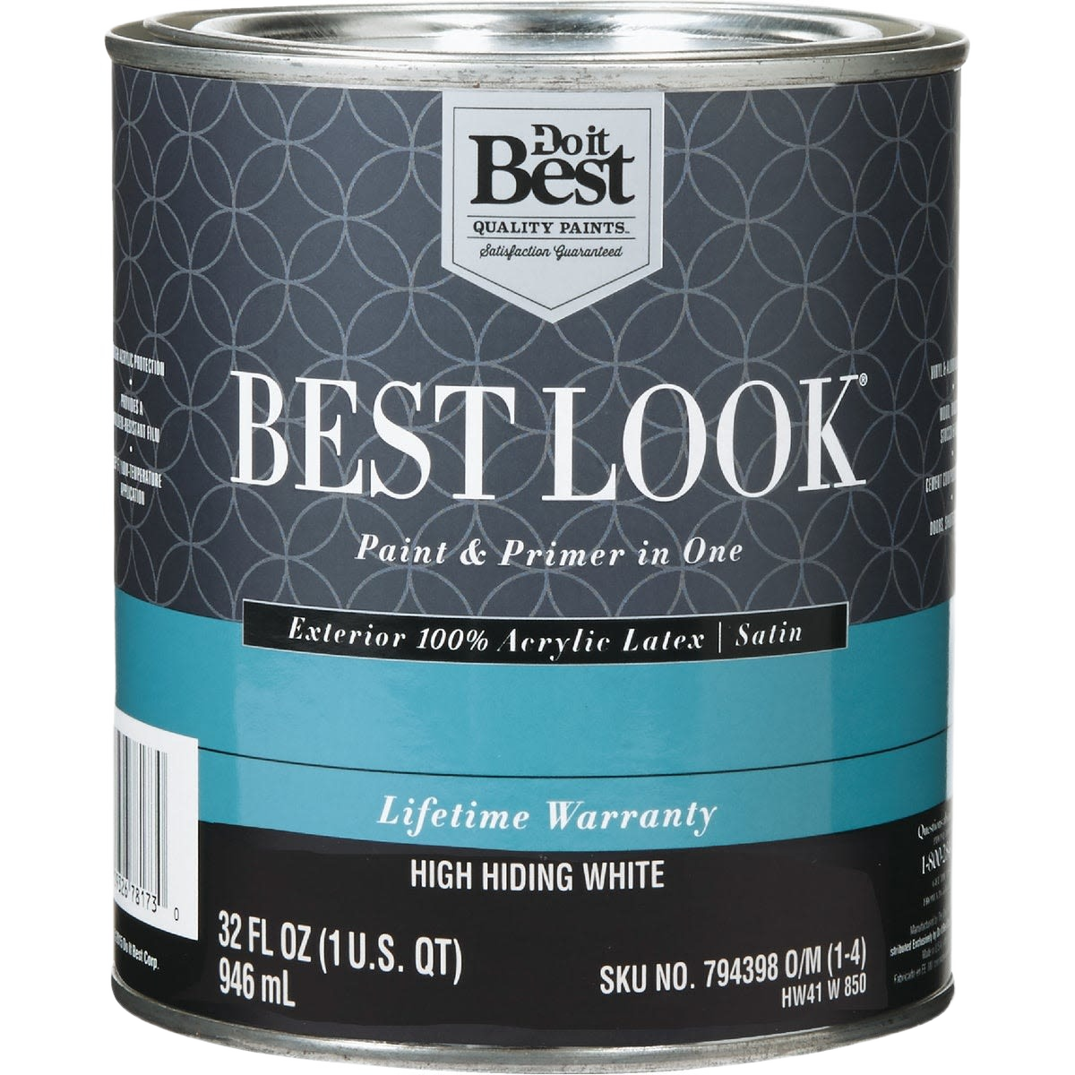 Quart can of Best Look exterior satin acrylic paint and primer in white for home improvement projects