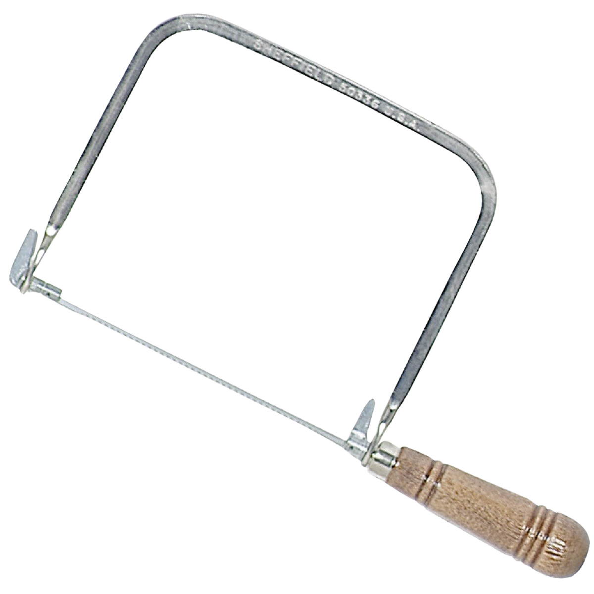 Coping saw with bent metal frame and wooden handle for precise cutting in home improvement projects and woodworking tasks