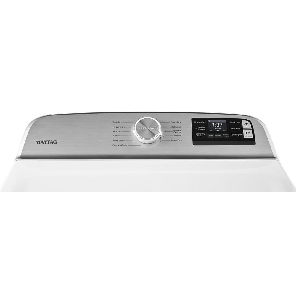 Stainless steel control panel on white top load dryer with digital display, cycle dial, and extra power button in dryers collection