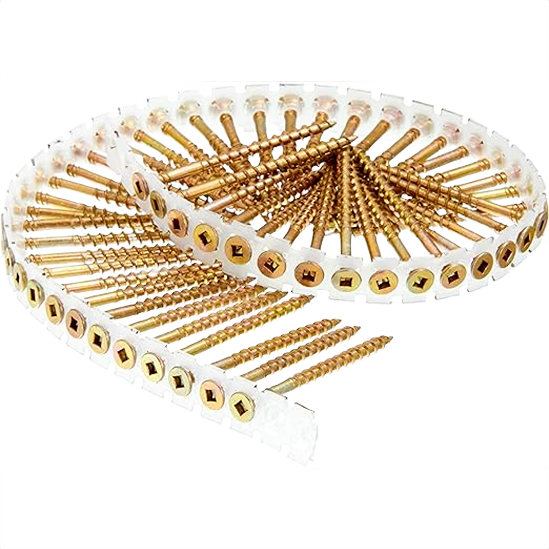 Two coils of collated brass-coated 8-gauge subfloor screws arranged for power tool use in home improvement tasks