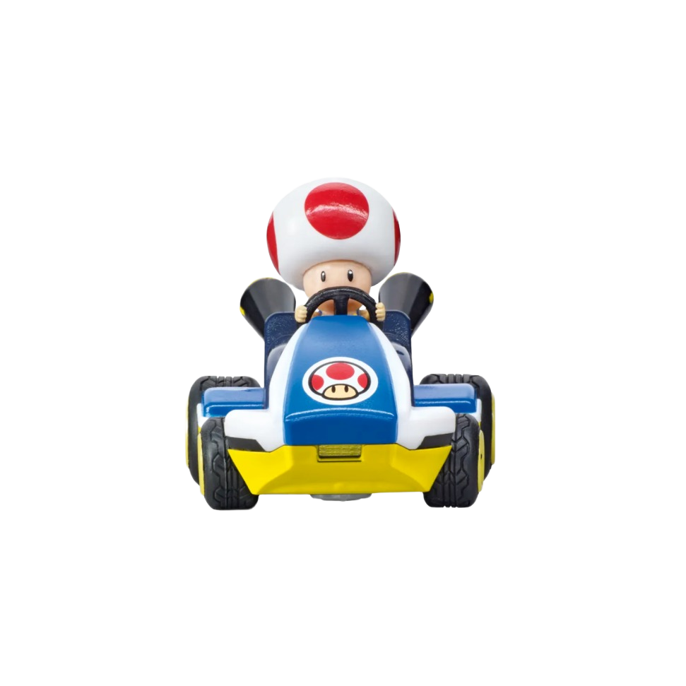Mini remote control car featuring Toad character in blue and yellow kart with red mushroom emblem on hood