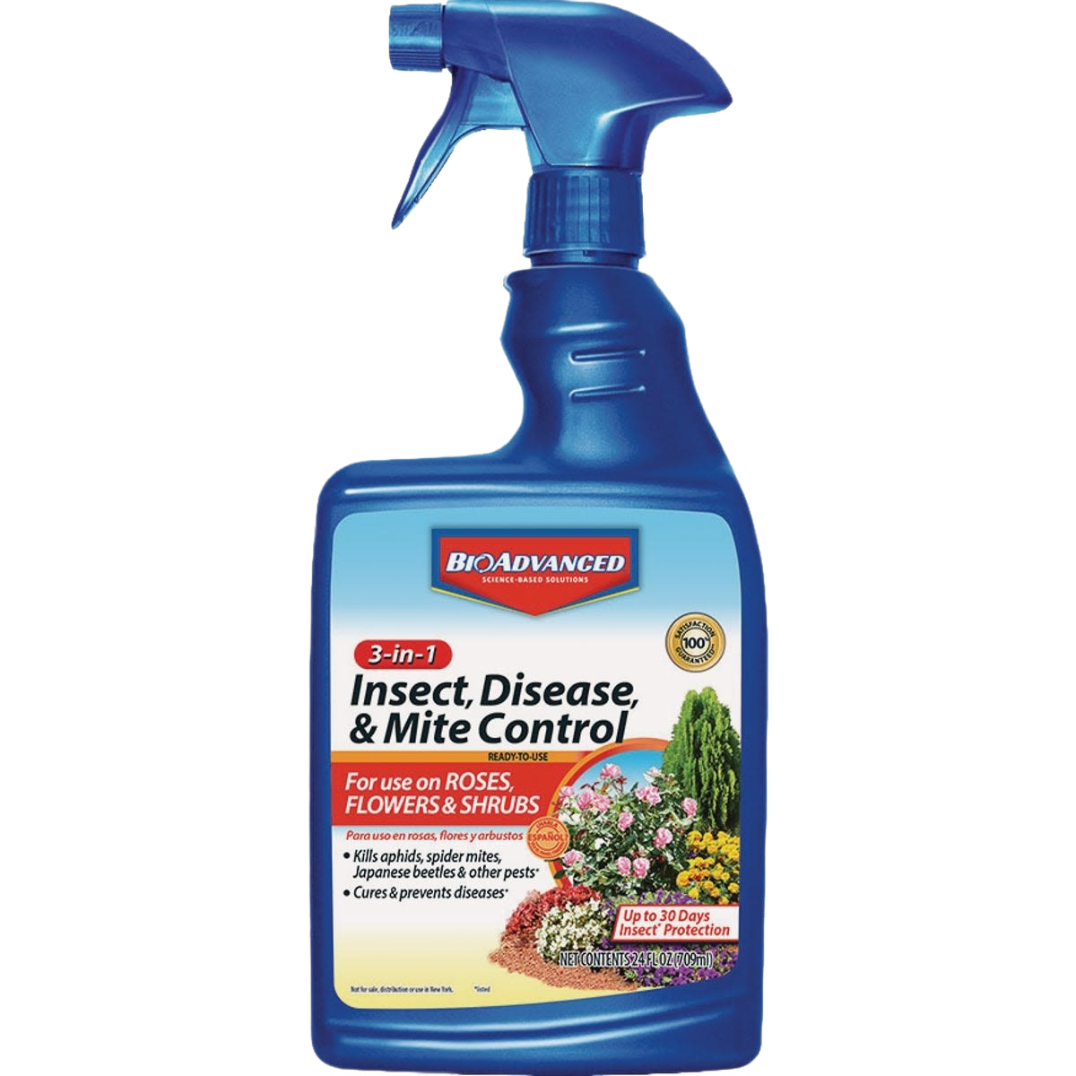 Blue spray bottle of insect, disease, and mite control for plants, part of lawn and garden outdoor treatment collection