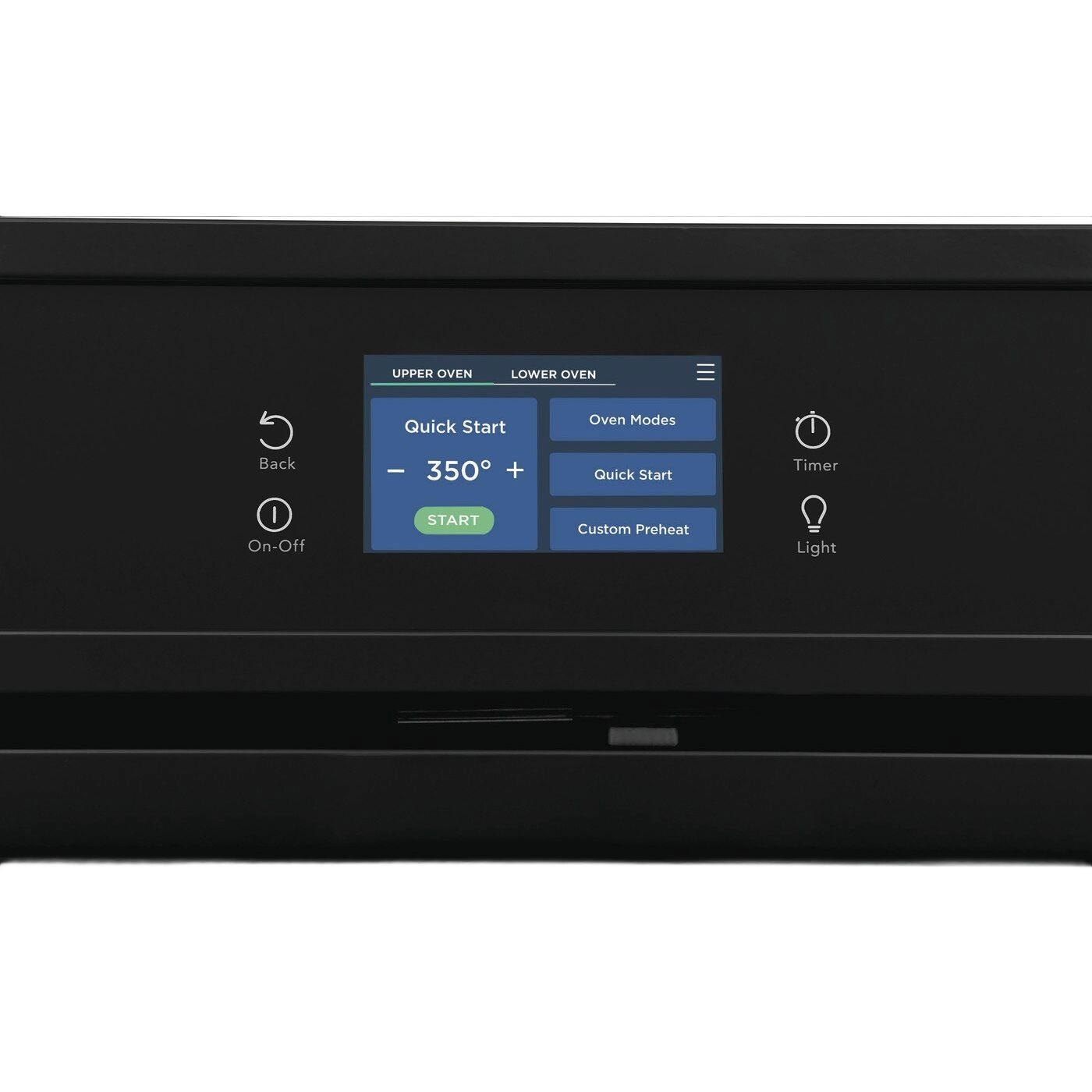 Digital touch control panel showing oven settings on a black electric double wall oven for kitchen appliances.