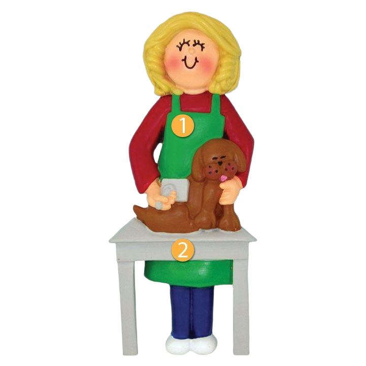 Blonde female dog groomer figurine with brown dog on table in Christmas Ornaments & Tree Decorations under $50 collection