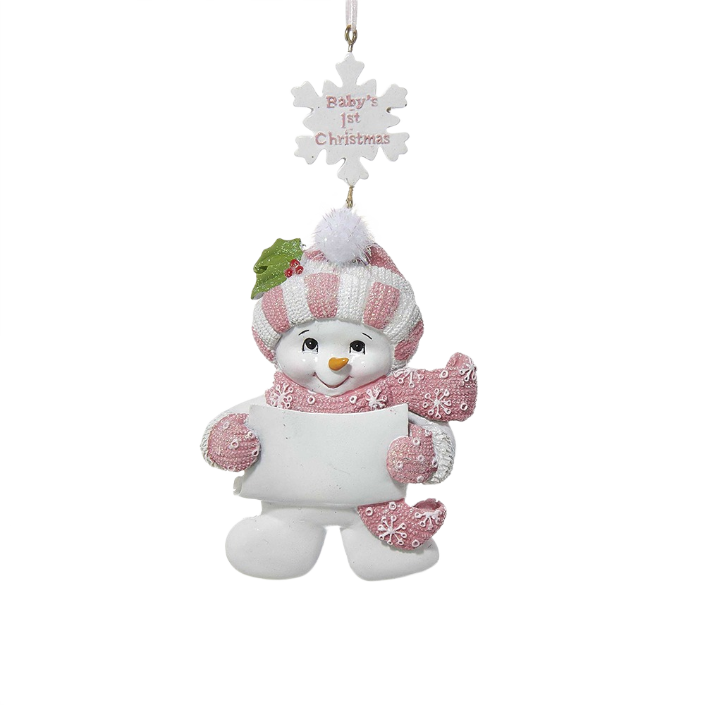White snow baby girl ornament wearing pink and white hat and scarf holding blank banner for Christmas décor under $50 collections