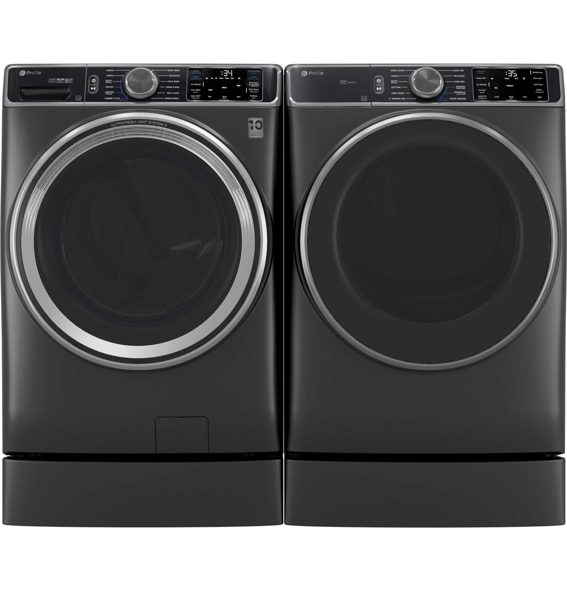 Dark gray front load washer and dryer set on 7-inch risers with digital controls in appliance parts and accessories collection