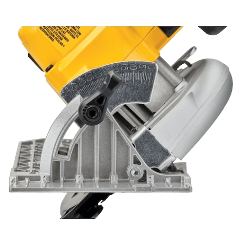 Close-up side view of a cordless circular saw with adjustable bevel and depth settings, part of the Dewalt 20V MAX power tools collection for woodworking and home improvement projects.
