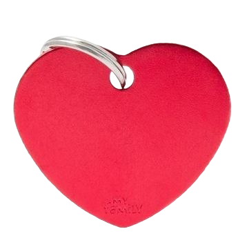 Large red heart-shaped ID tag with metal ring attachment for secure identification and pet safety.