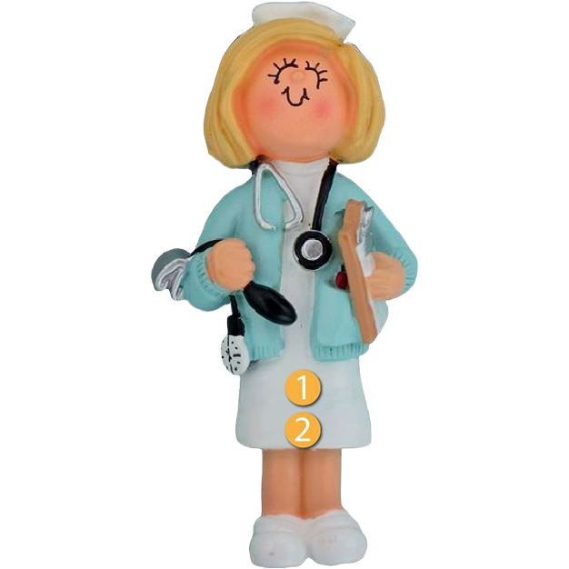 Personalized female nurse figurine with blonde hair holding clipboard and stethoscope for Christmas Ornaments collection