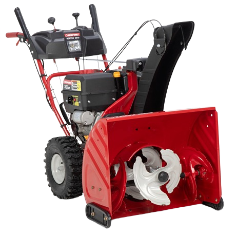 Red and black three-stage snow blower with large rugged tires and steel augers for heavy snow removal tasks
