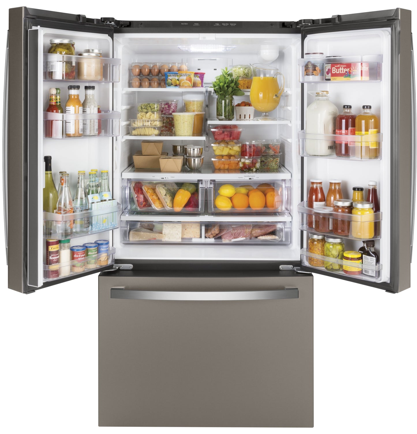 French-door refrigerator in brushed steel finish with open doors showing organized interior shelves and bottom freezer drawer