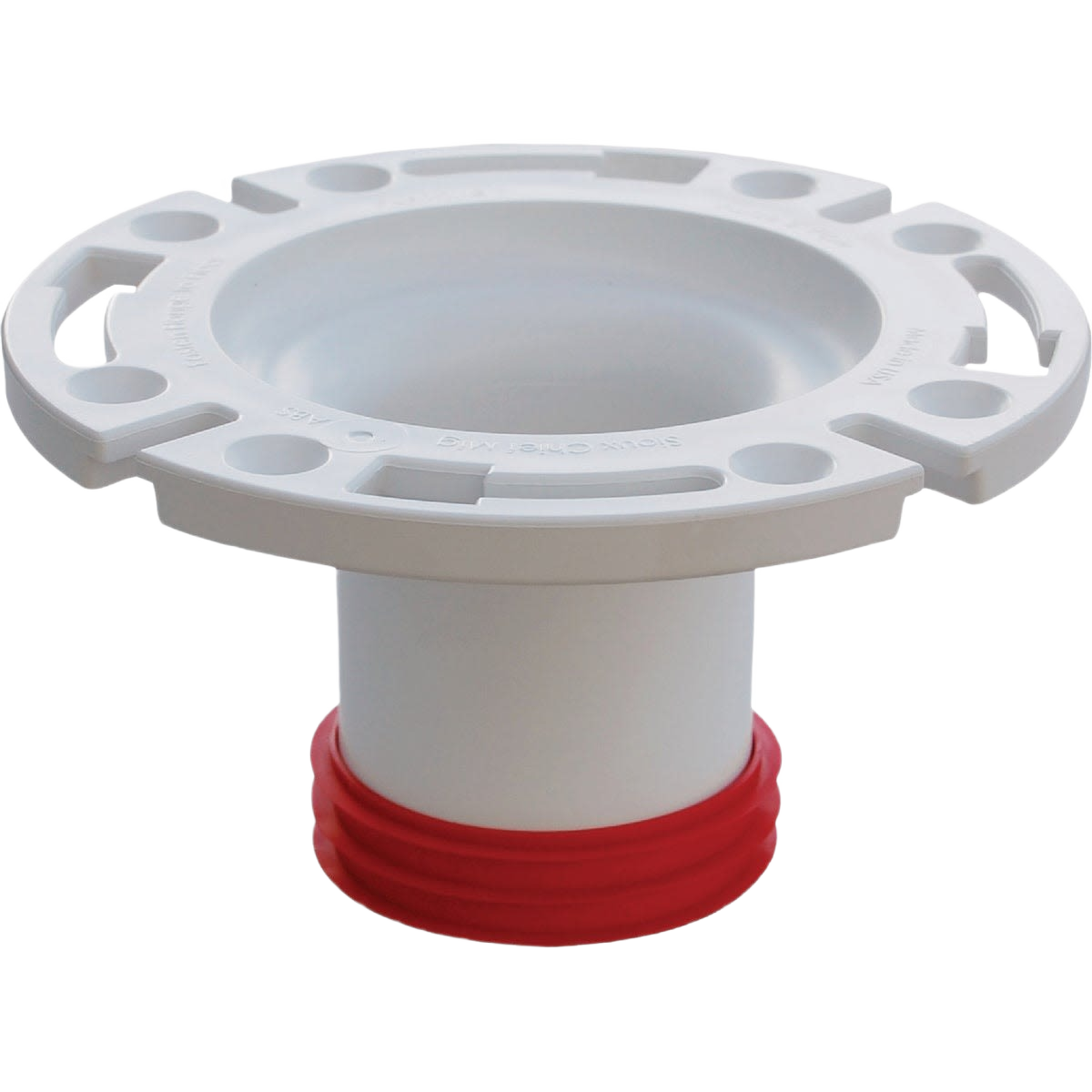White PVC plumbing flange with red sealing ring designed for tools and home improvement installations