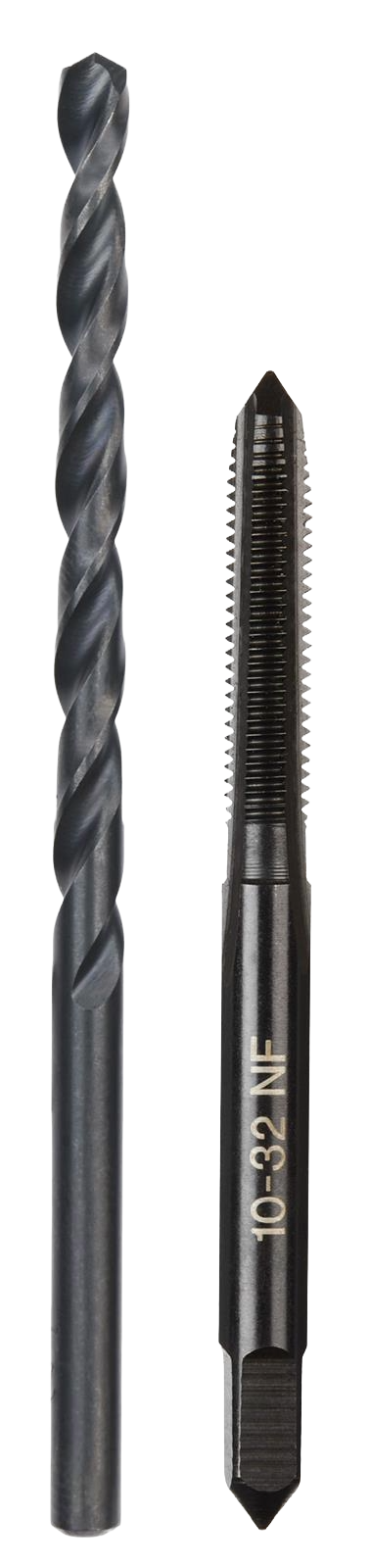 Pair of black metal straight flute plug tap and matching drill bit for threading and hole drilling in tool accessories collections