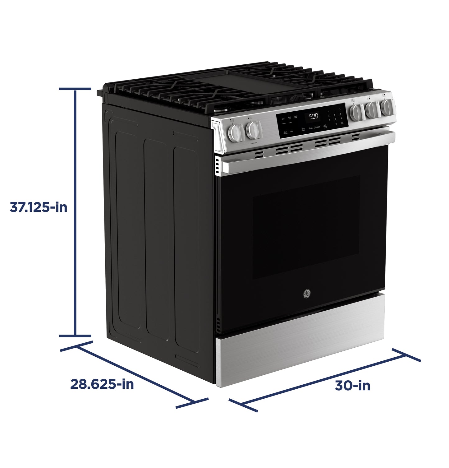 30-inch slide-in gas range with front controls and stainless steel accents in a kitchen appliance setting
