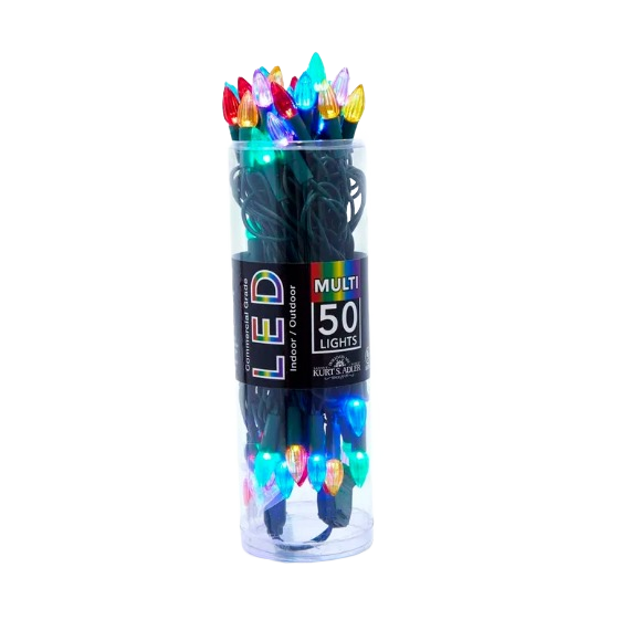 Packaged set of 50 multicolored LED lights with green wire, suitable for indoor and outdoor use in home improvement projects