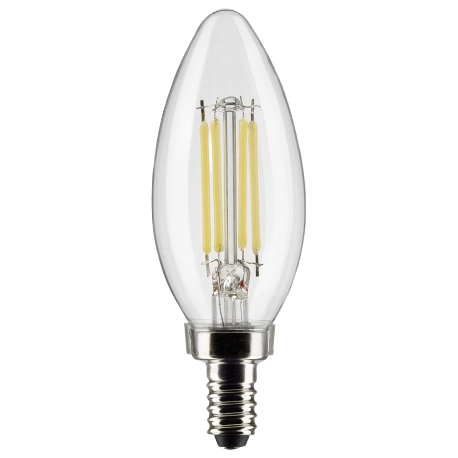 Clear LED bulb with candelabra base and visible filaments, providing neutral white light for home improvement lighting needs
