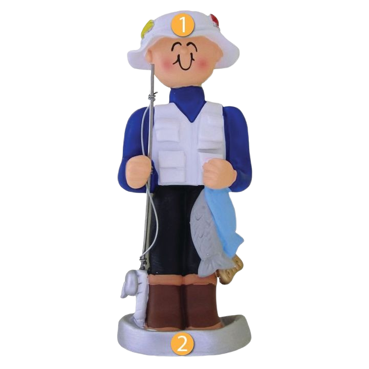 Smiling fisherman figurine ornament holding fishing rod and blue fish for Christmas tree decorations under $50
