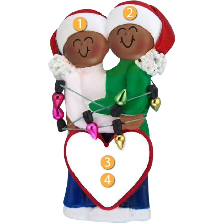 Personalized African American Christmas couple ornament with Santa hats and heart for festive tree décor under $50