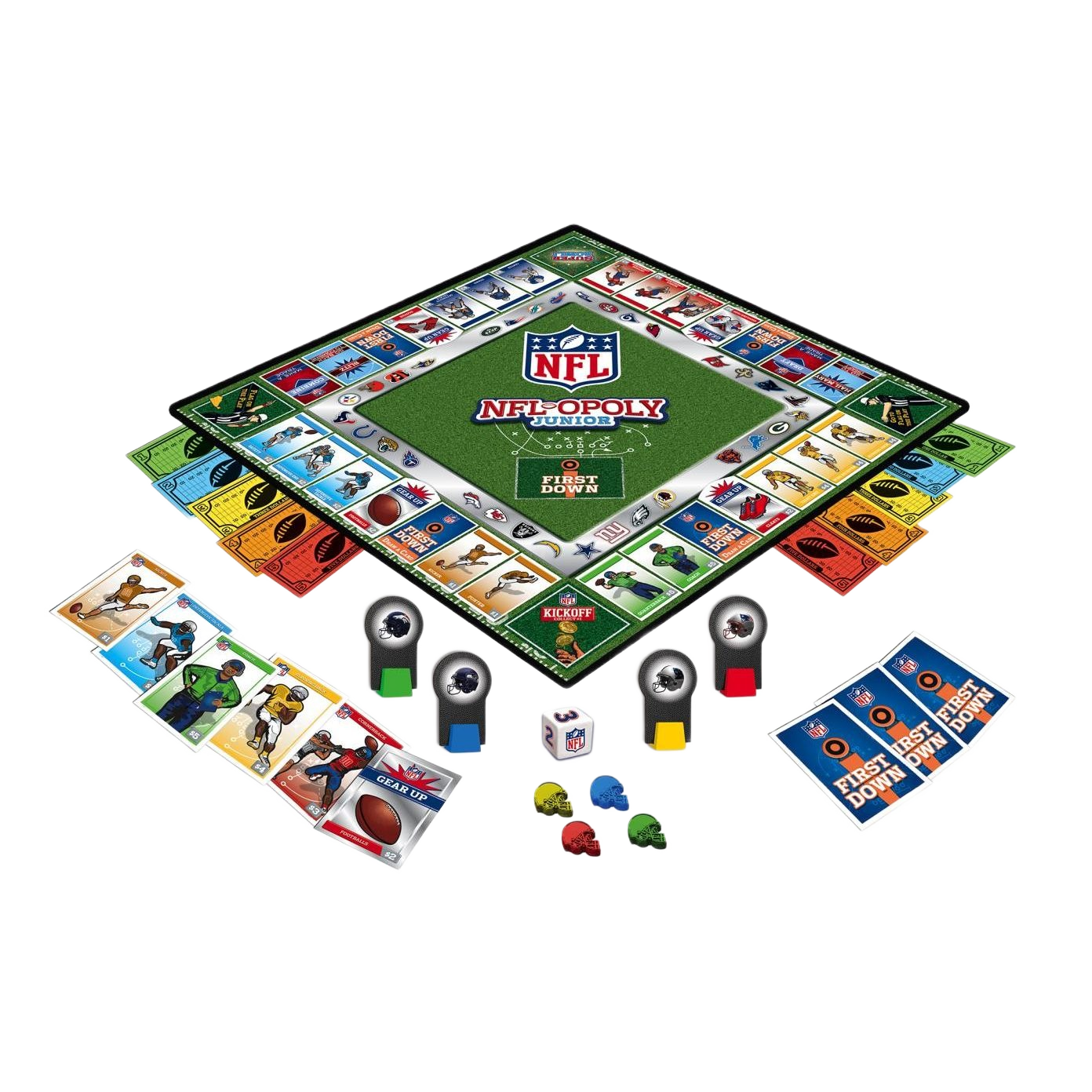 Junior NFL-themed board game set with colorful player cards, miniature helmets, and game pieces on a green field board