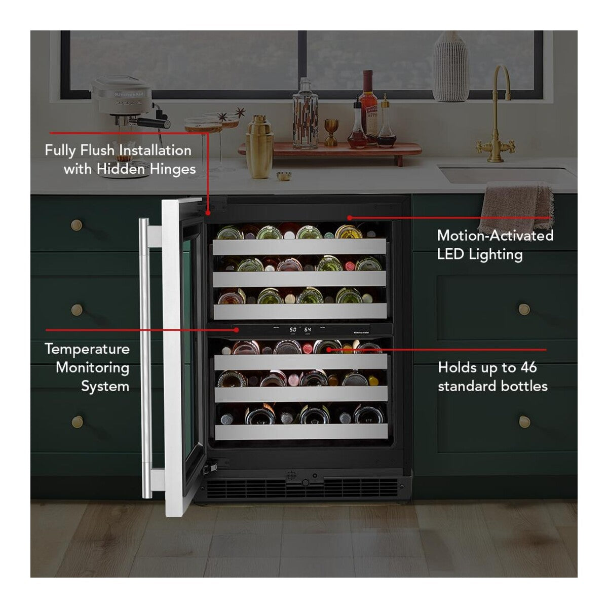 24-Inch Undercounter Wine Cellar with Left Door Swing and 46-Bottle Capacity with Full-Extension Metal-Front Racks in Stainless Steel