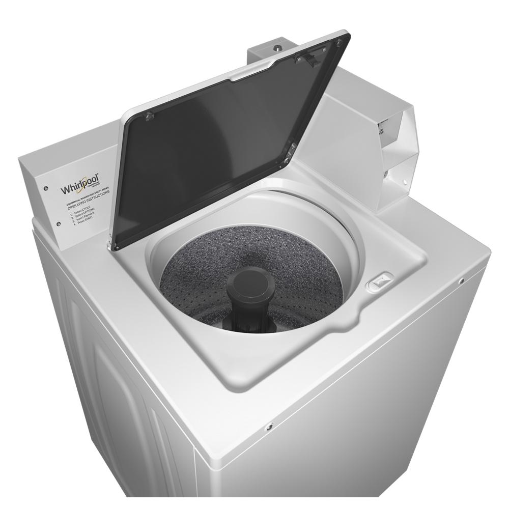 White commercial top-load washer with open lid showing inner tub, featured in washers and appliances collections