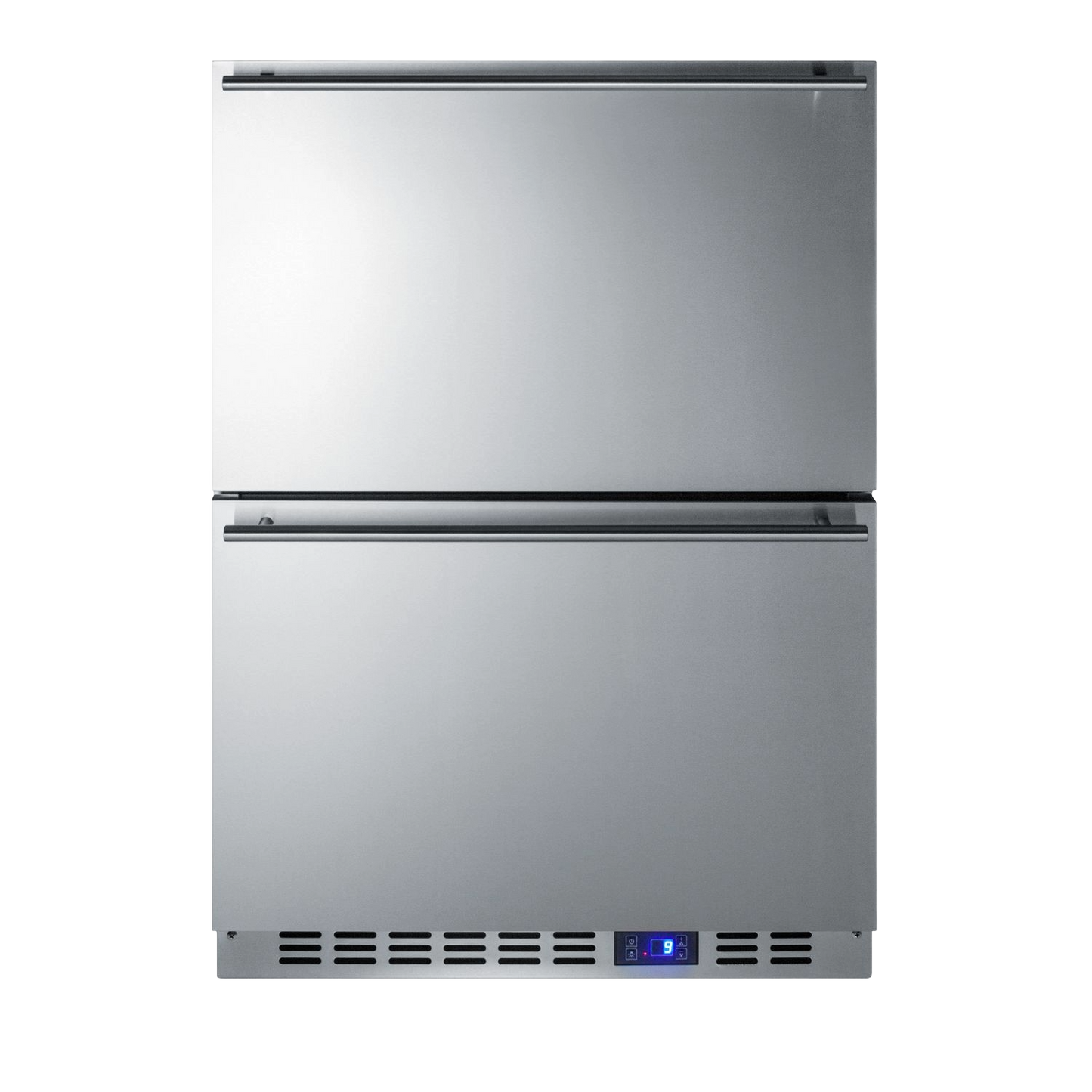 Stainless steel built-in two-drawer freezer with digital temperature display in modern kitchen appliance collection