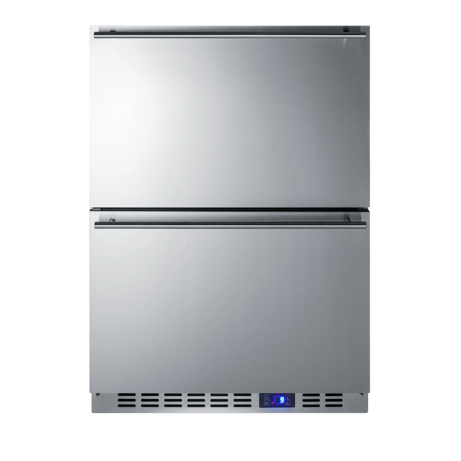Stainless steel built-in two-drawer freezer with digital temperature display in modern kitchen appliance collection