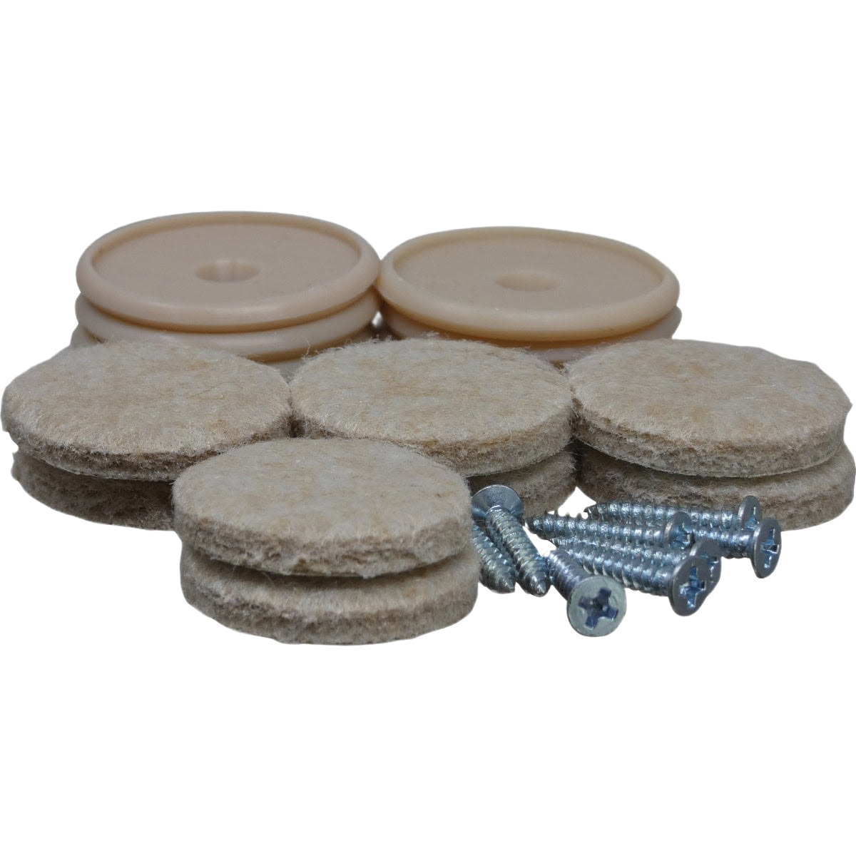 Round felt pads with nylon inserts and screws for furniture protection and smooth sliding in hardware and furniture accessories.