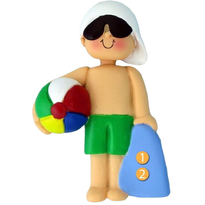 Boy figurine ornament with white cap, sunglasses, green shorts holding beach ball and blue swim fin for Christmas décor under $50