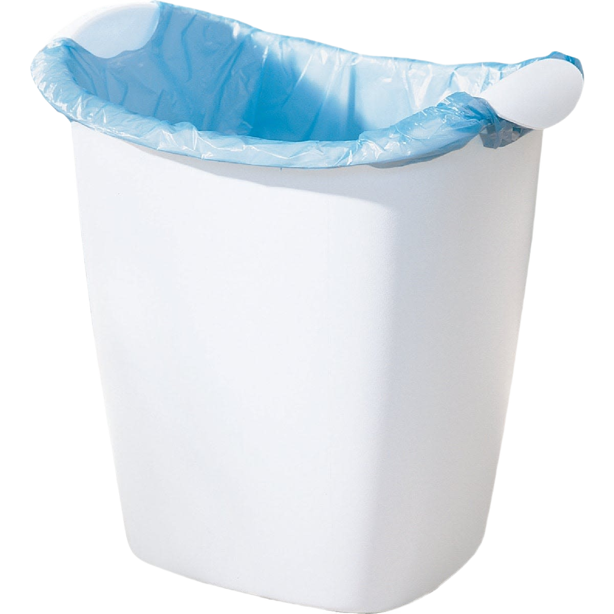White wastebasket with fitted blue plastic bag for trash and recycling in cleaning and home improvement collection