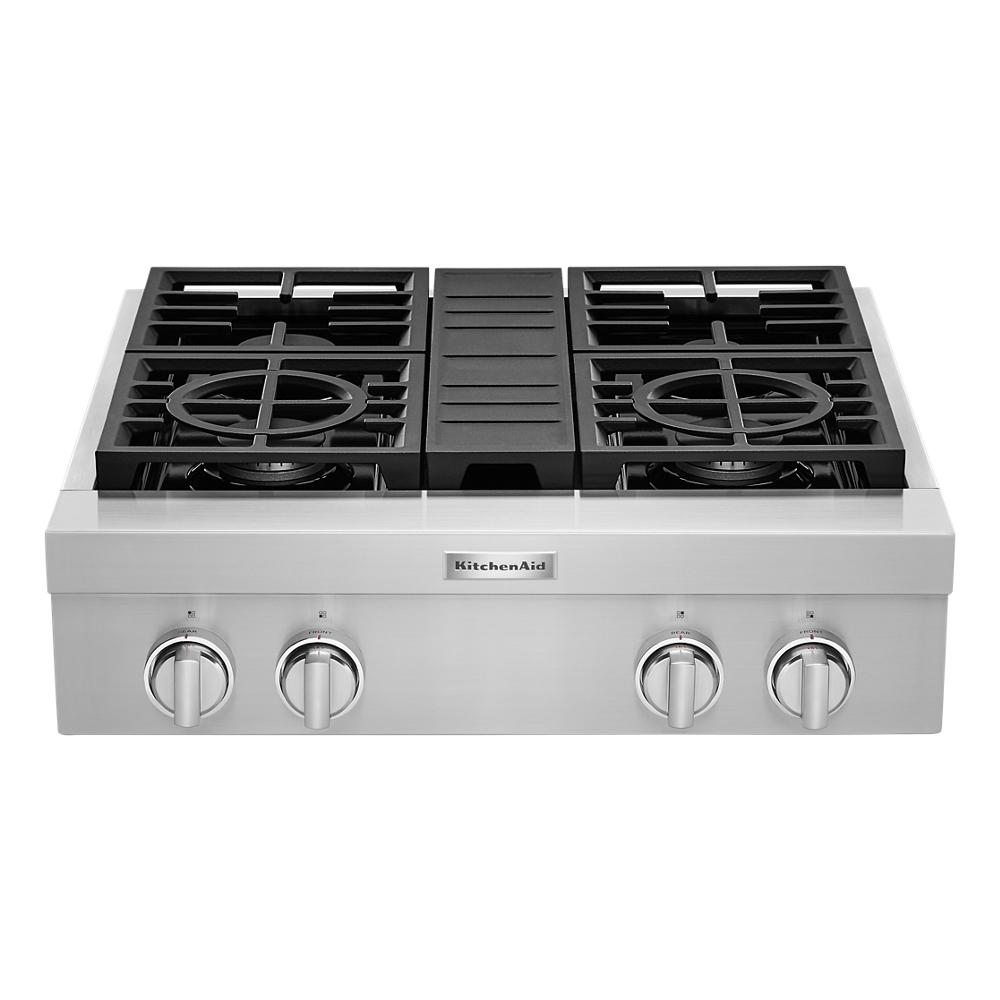 Stainless steel 30-inch gas cooktop with four burners and commercial-style grates from KitchenAid collection