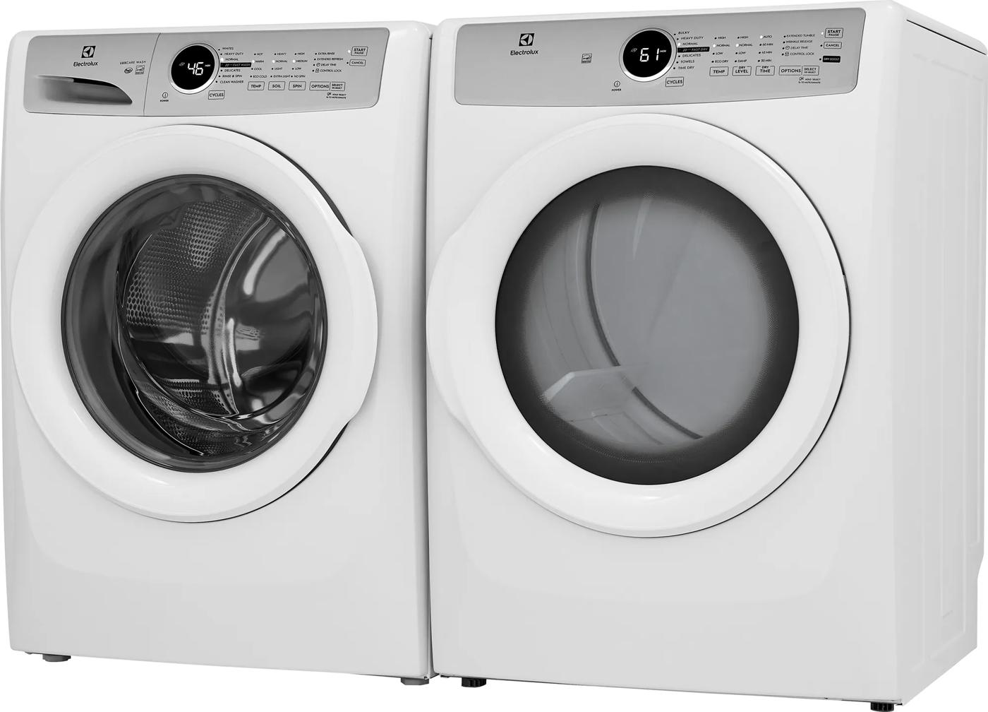 Pair of white front load washer and gas dryer with digital control panels from Washers & Dryers and Appliances collections
