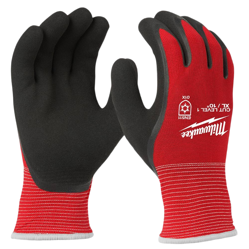 Red and black winter dipped gloves with cut level 1 protection for work safety and home improvement tasks