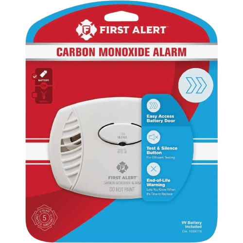 White carbon monoxide alarm with test and silence button and easy access battery door for home safety and improvement