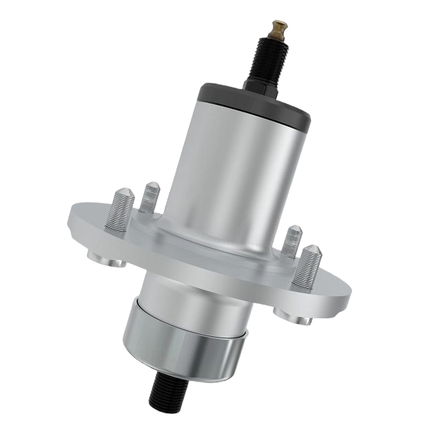 Silver metal mower blade spindle assembly with black fittings for tools and home improvement use
