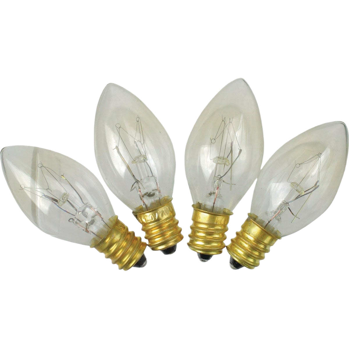 Set of four clear flame-tip replacement bulbs with brass bases for Christmas Lights and holiday decor use