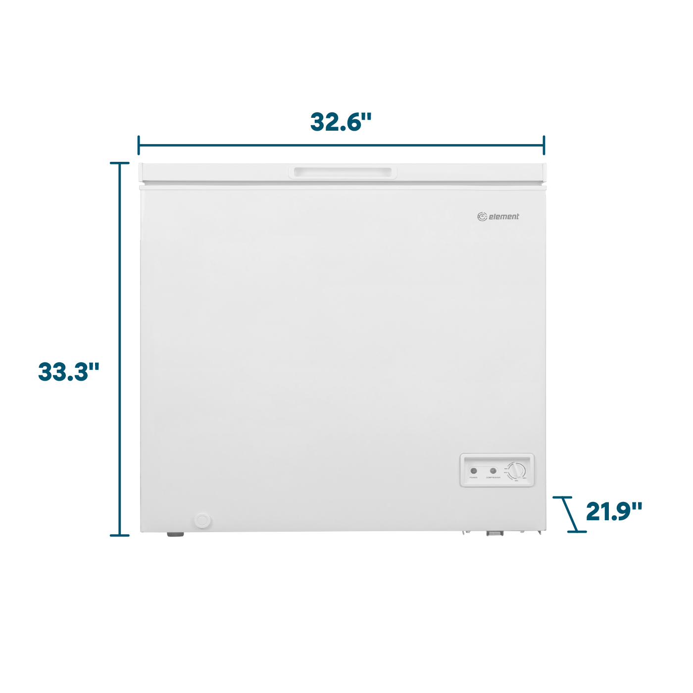White chest freezer with temperature control dial and dimensions in inches, part of Freezers & Ice Makers collection