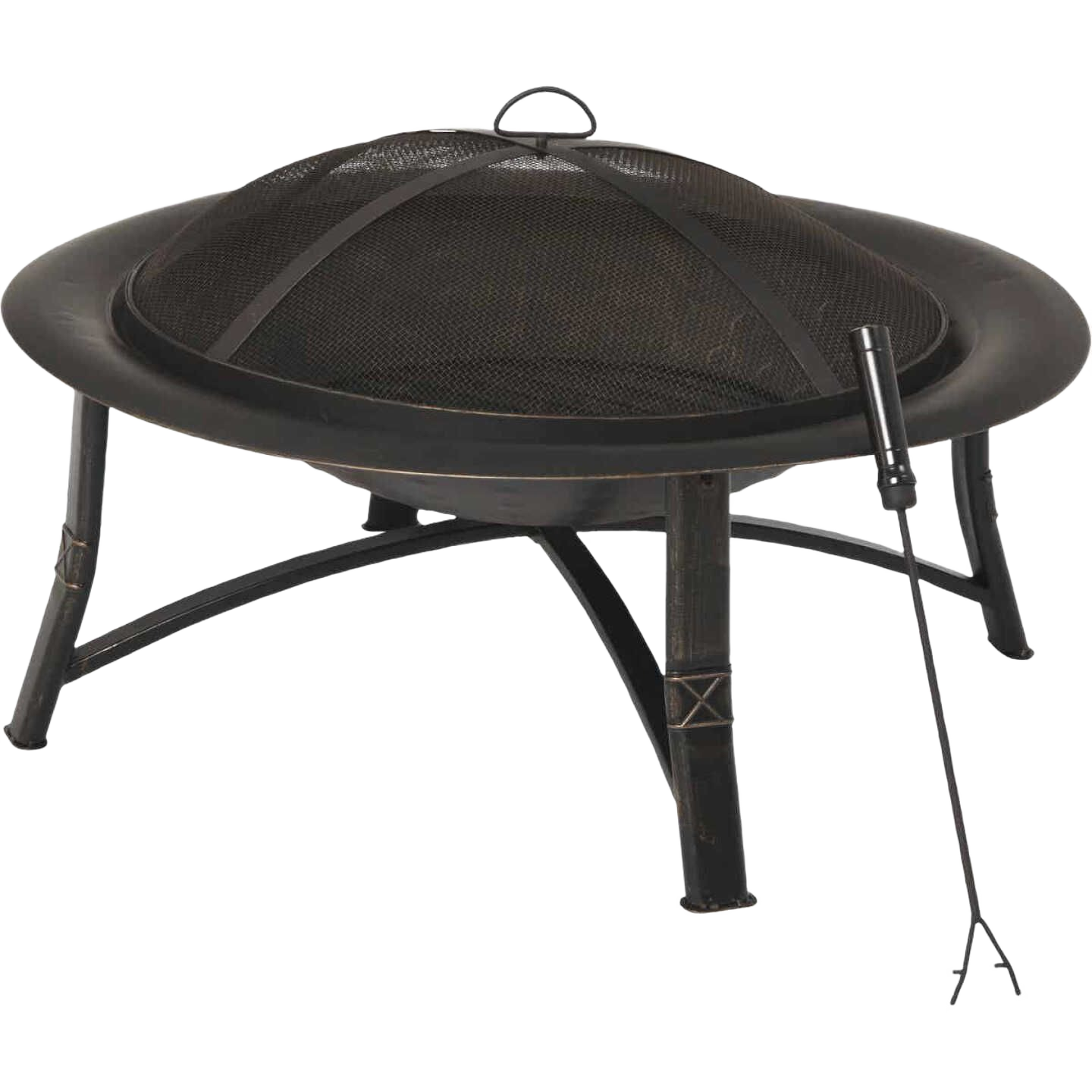 Round steel fire pit in antique bronze finish with mesh spark guard and poker tool for outdoor use