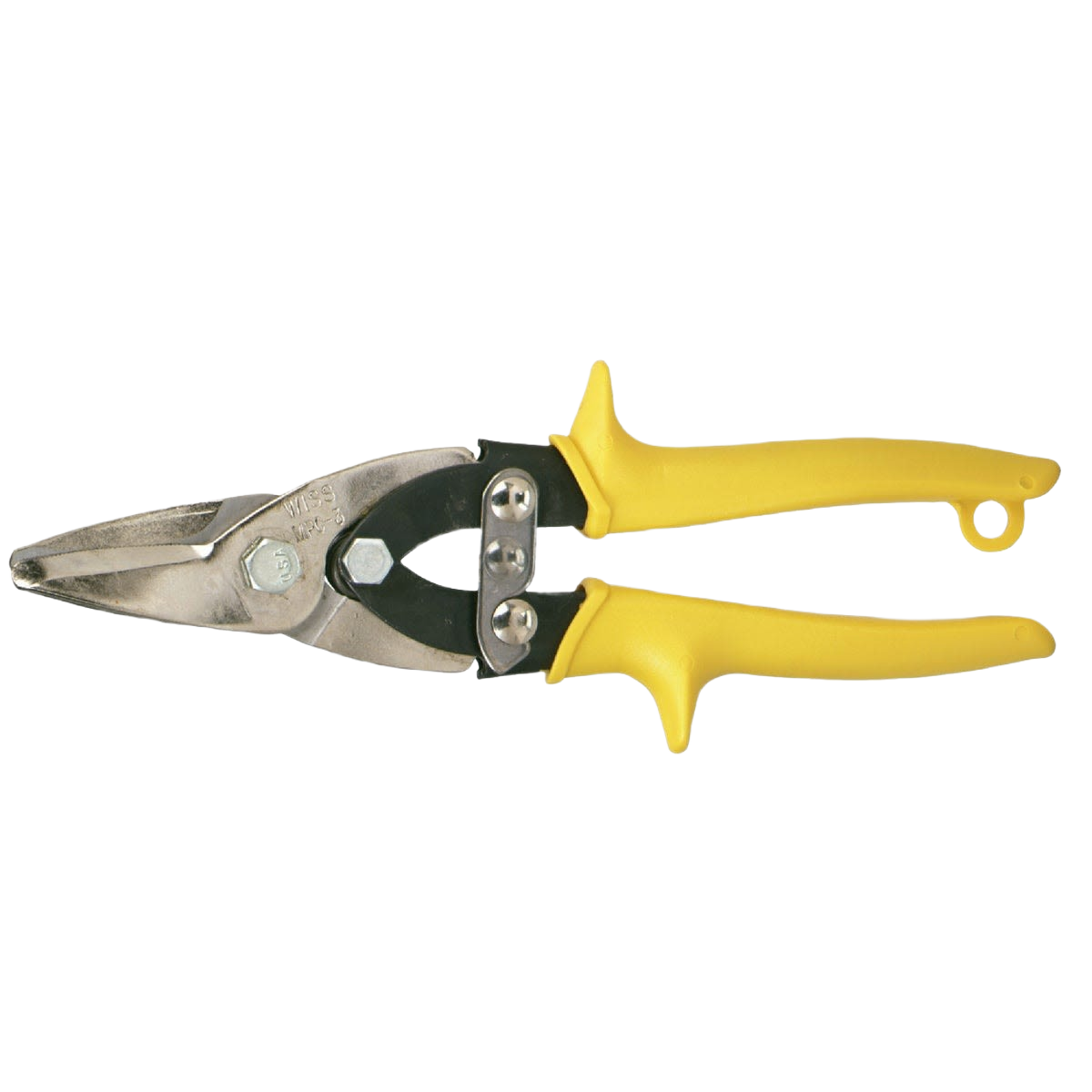 Straight cutting snips with serrated metal jaws and yellow ergonomic handles in hand tools and woodworking collections