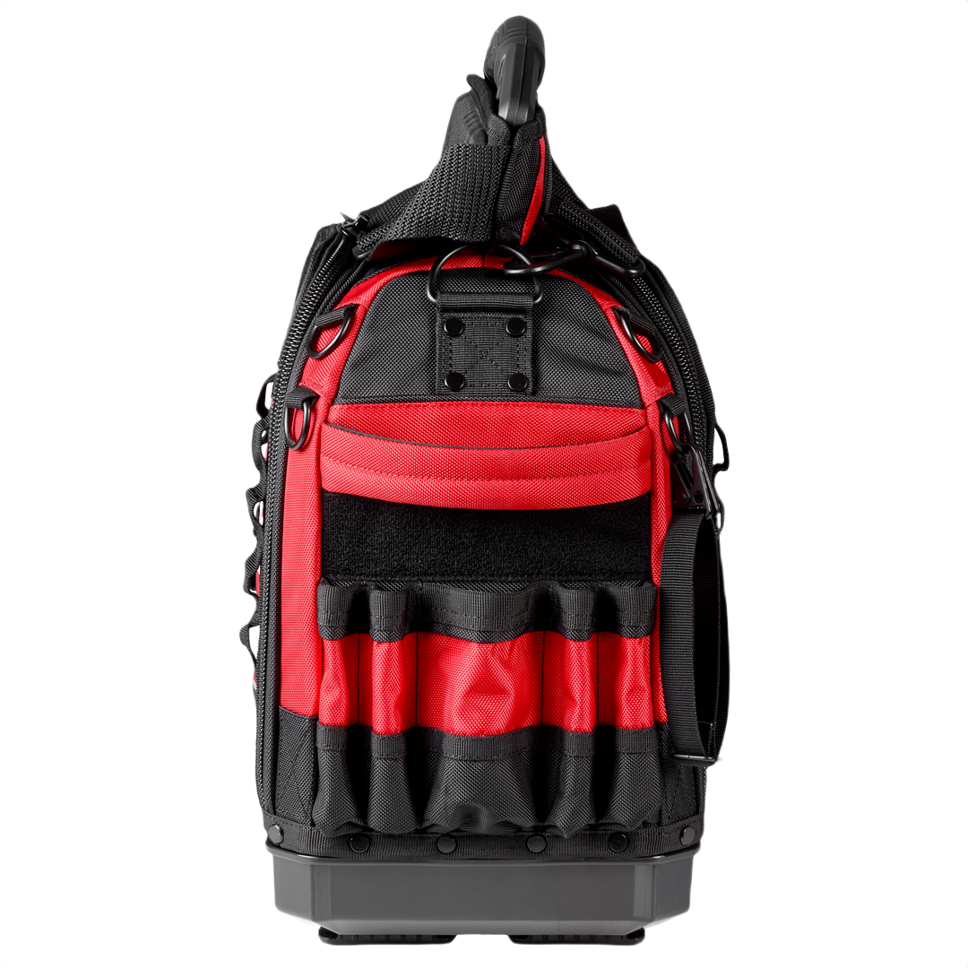 Red and black Milwaukee PACKOUT™ 15" tool bag with reinforced structure and multiple exterior pockets for tool storage and organization