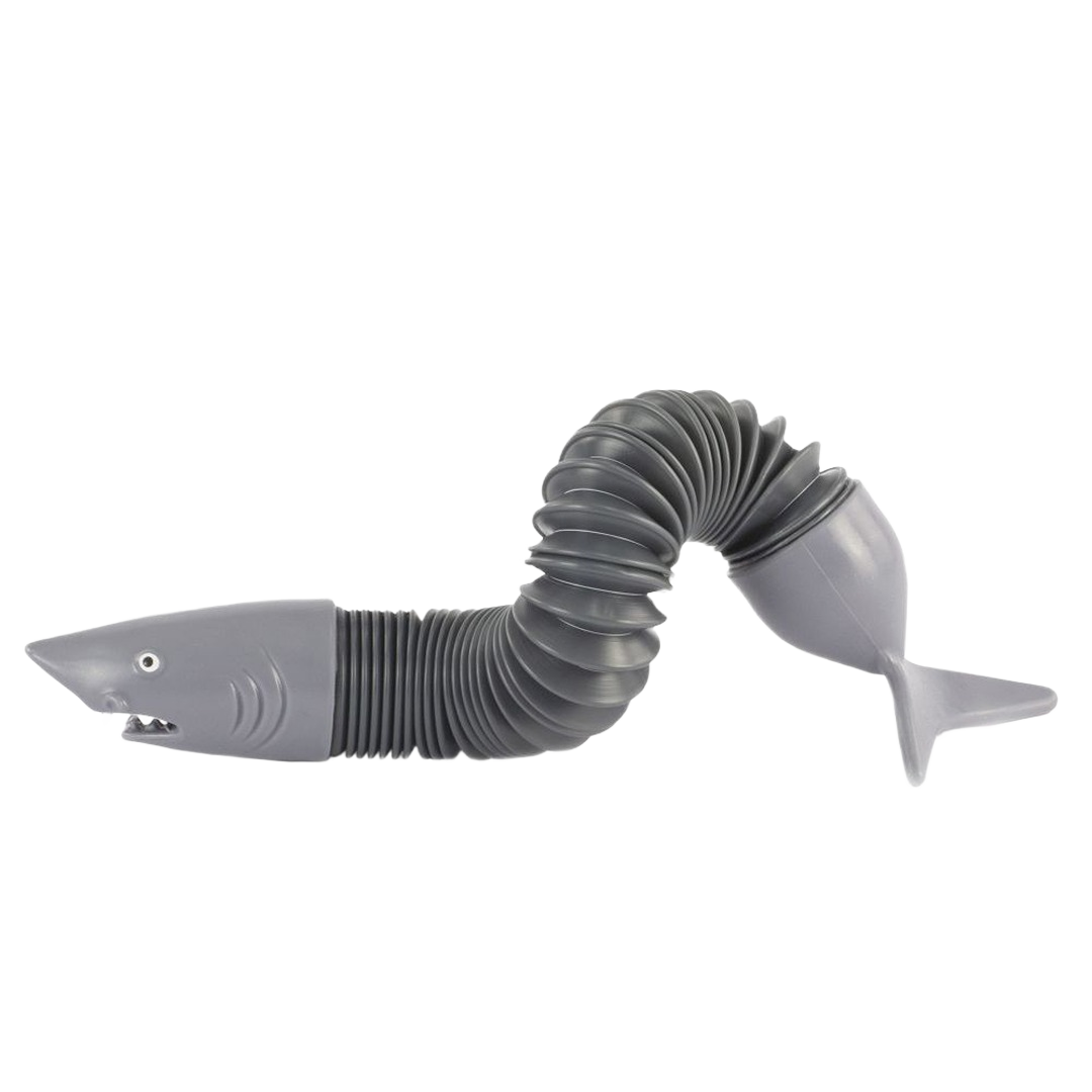 Flexible gray plastic tube shaped like a shark with segmented body for creative play or storage use